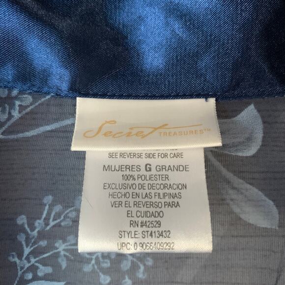 Secret Treasures Blue Floral Sheer Pajama Top Button Up Front Satin Trim Size L - Picture 9 of 15